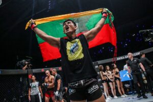 Aung La Nsang celebrates winning a ONE Championship fight